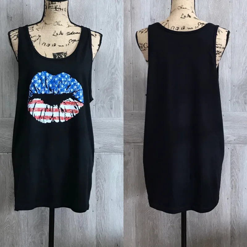 USA Flag Kiss Lips Black Tank Top sold by Back2Basics