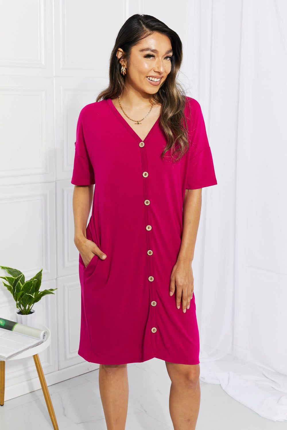 BOMBOM Sunday Brunch Button Down Midi Dress in Magenta sold by Back2Basics