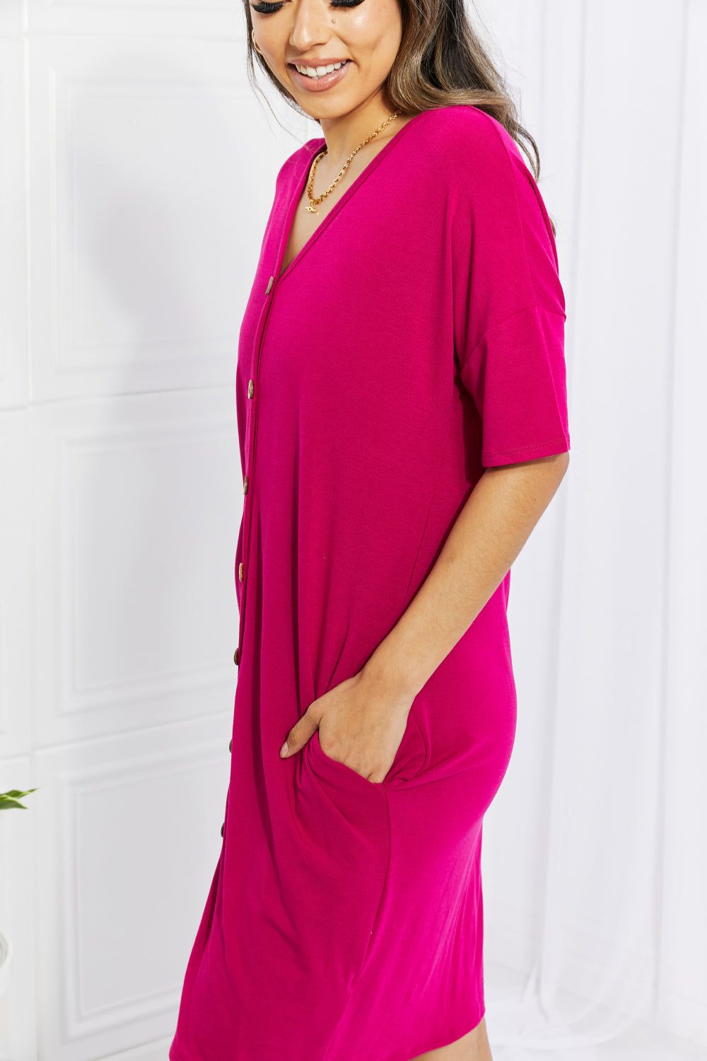 BOMBOM Sunday Brunch Button Down Midi Dress in Magenta sold by Back2Basics product image thumbnail 5