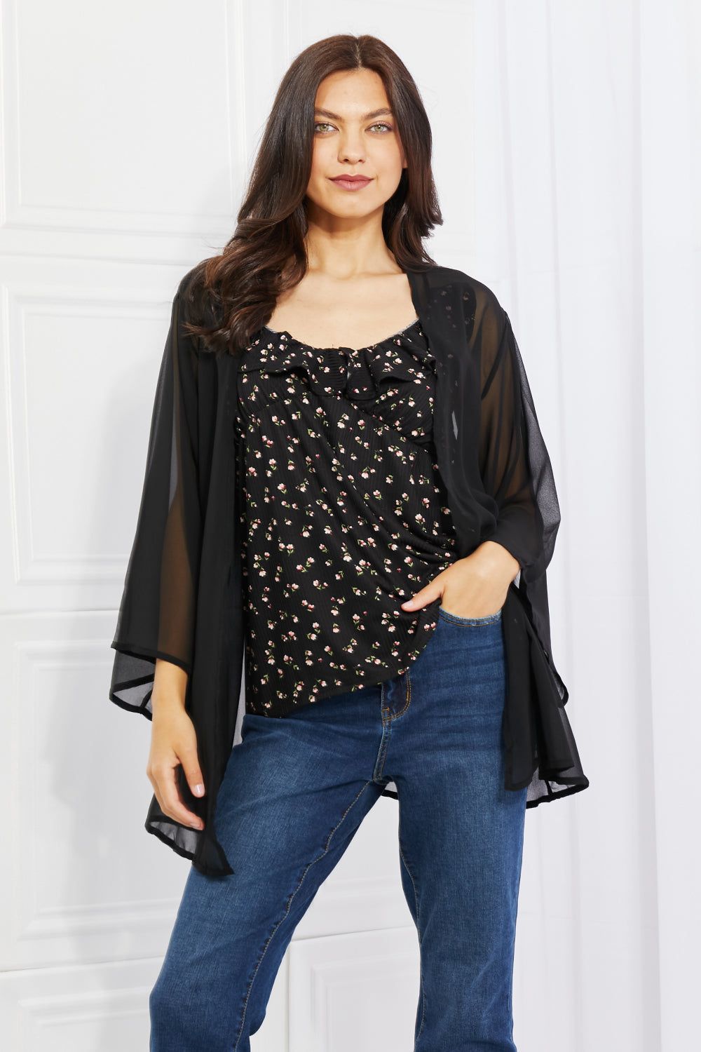 Melody Just Breathe Full Size Chiffon Kimono in Black sold by Back2Basics product image thumbnail 6