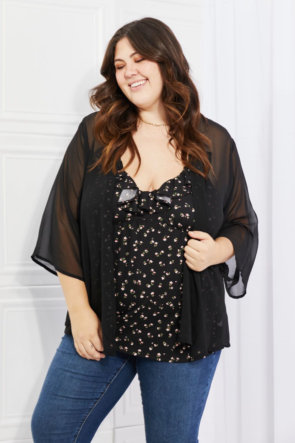 Melody Just Breathe Full Size Chiffon Kimono in Black sold by Back2Basics