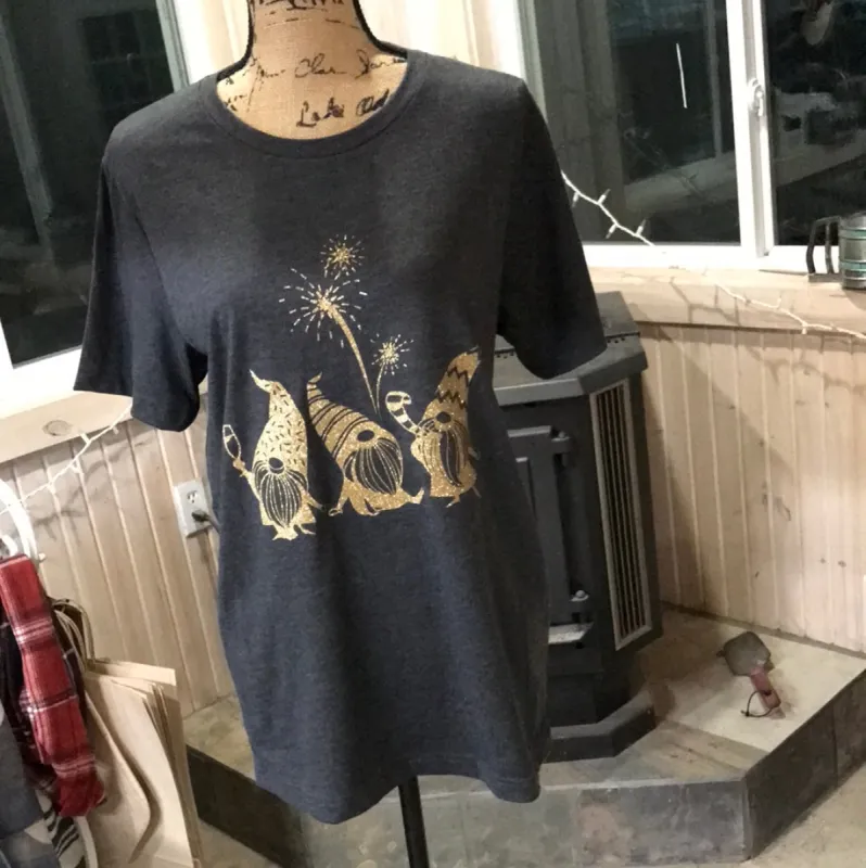 Gold Sparkly Holiday Gnomes Short Sleeve Tee sold by Back2Basics