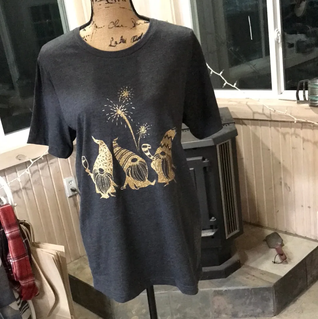 Gold Sparkly Holiday Gnomes Short Sleeve Tee sold by Back2Basics