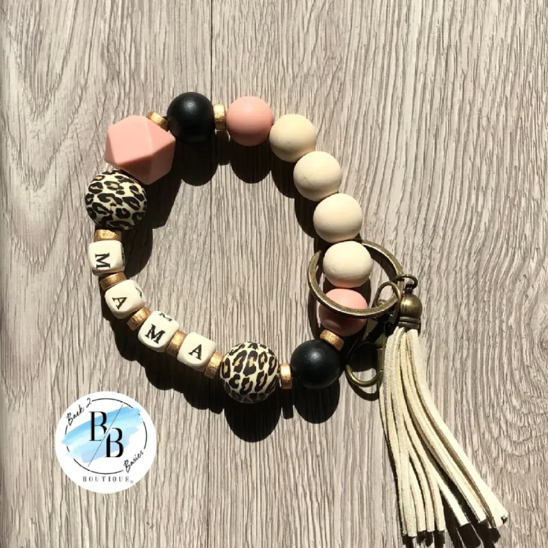 Black Leopard Beaded Mama Round Tassel Keychain sold by Back2Basics