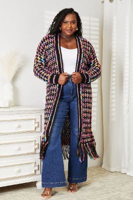 Double Take Full Size Multicolored Open Front Fringe Hem Cardigan sold by Back2Basics