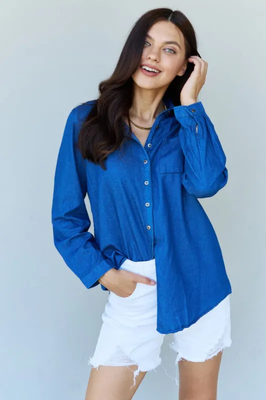 Doublju Blue Jean Baby Denim Button Down Shirt Top in Dark Blue sold by Back2Basics