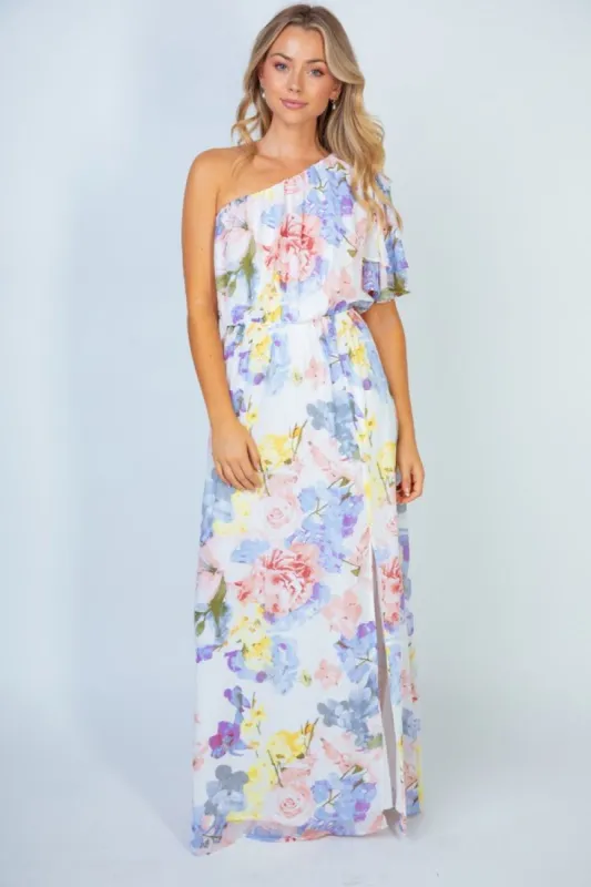 White Birch Garden Diva Floral One-Shoulder Maxi Dress sold by Back2Basics