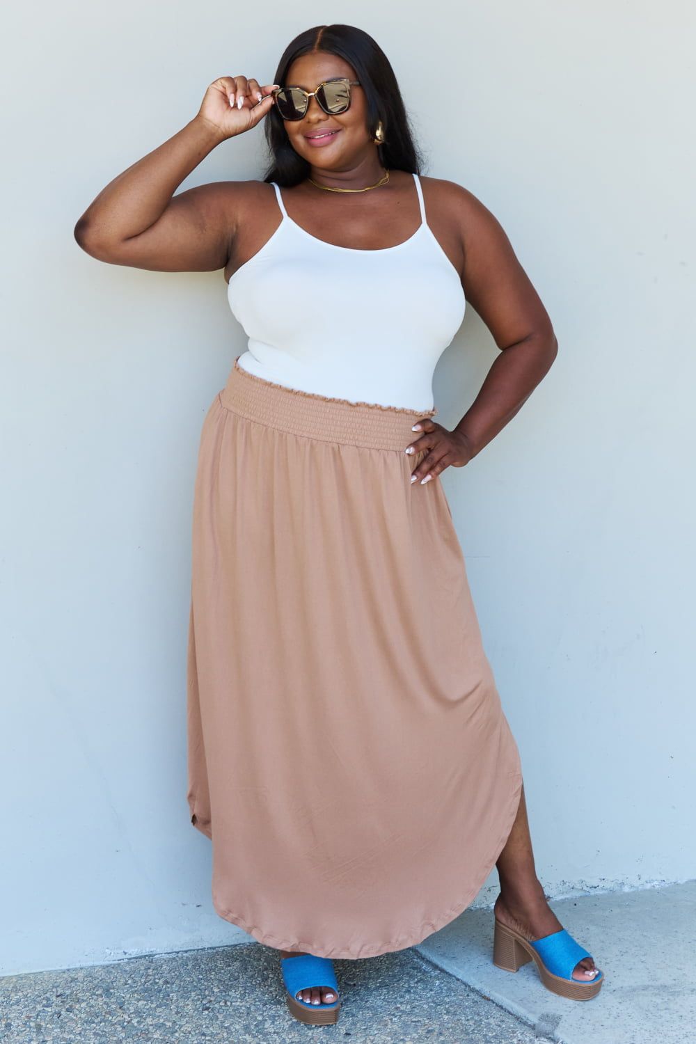 Doublju Comfort Princess Full Size High Waist Scoop Hem Maxi Skirt in Tan sold by Back2Basics product image thumbnail 4