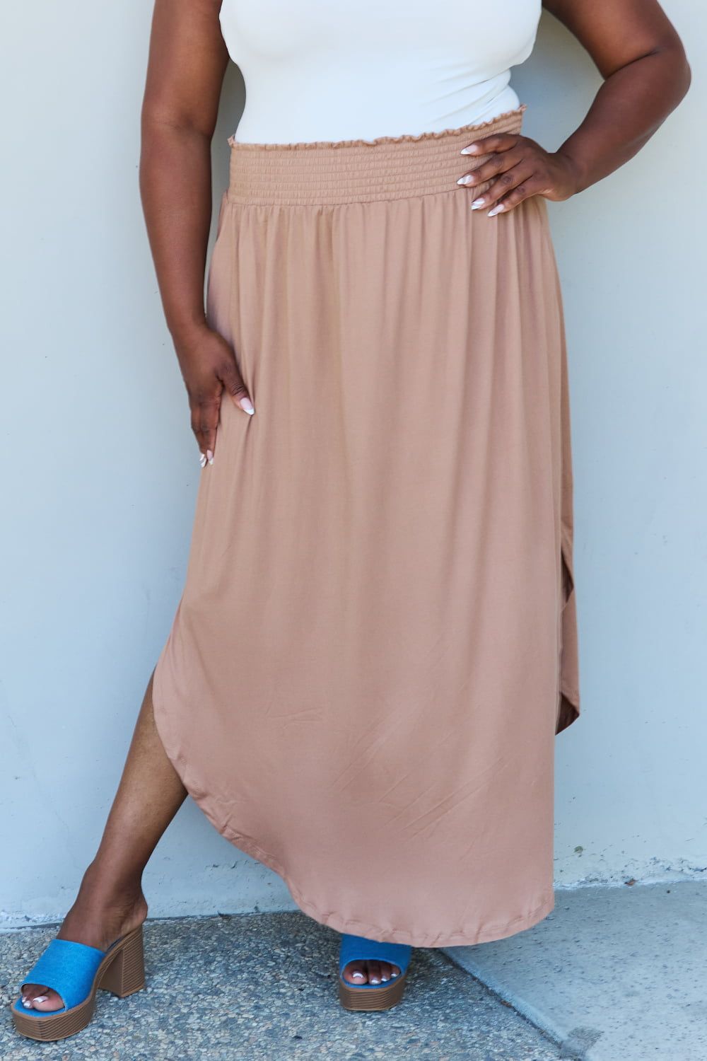 Doublju Comfort Princess Full Size High Waist Scoop Hem Maxi Skirt in Tan sold by Back2Basics