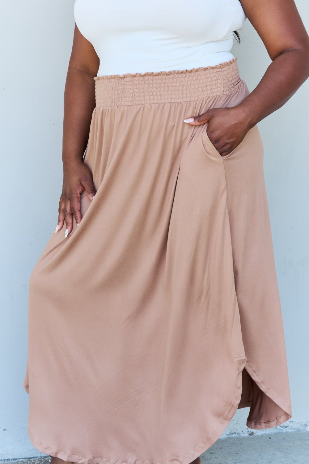 Doublju Comfort Princess Full Size High Waist Scoop Hem Maxi Skirt in Tan sold by Back2Basics product image thumbnail 5
