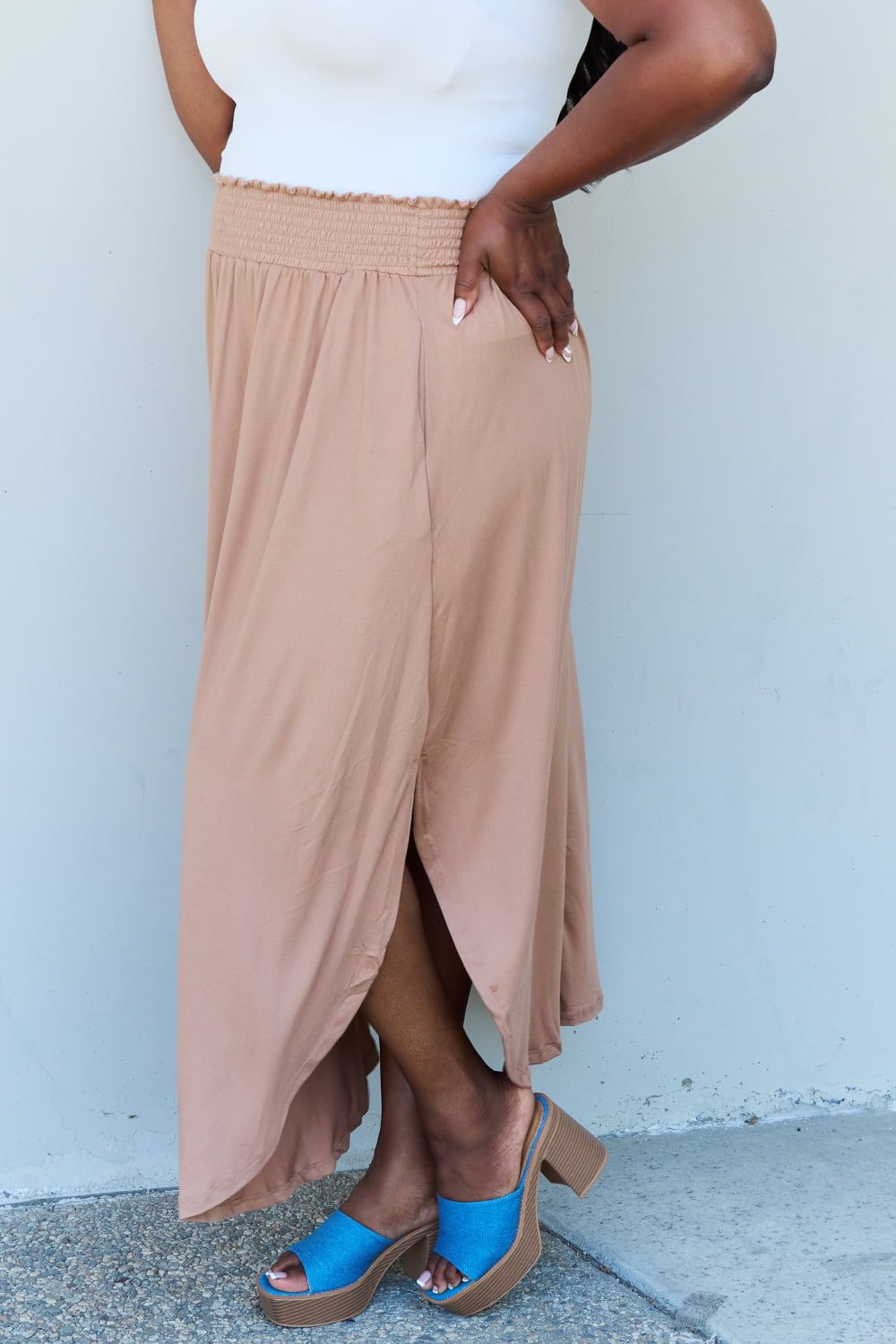 Doublju Comfort Princess Full Size High Waist Scoop Hem Maxi Skirt in Tan sold by Back2Basics product image thumbnail 3
