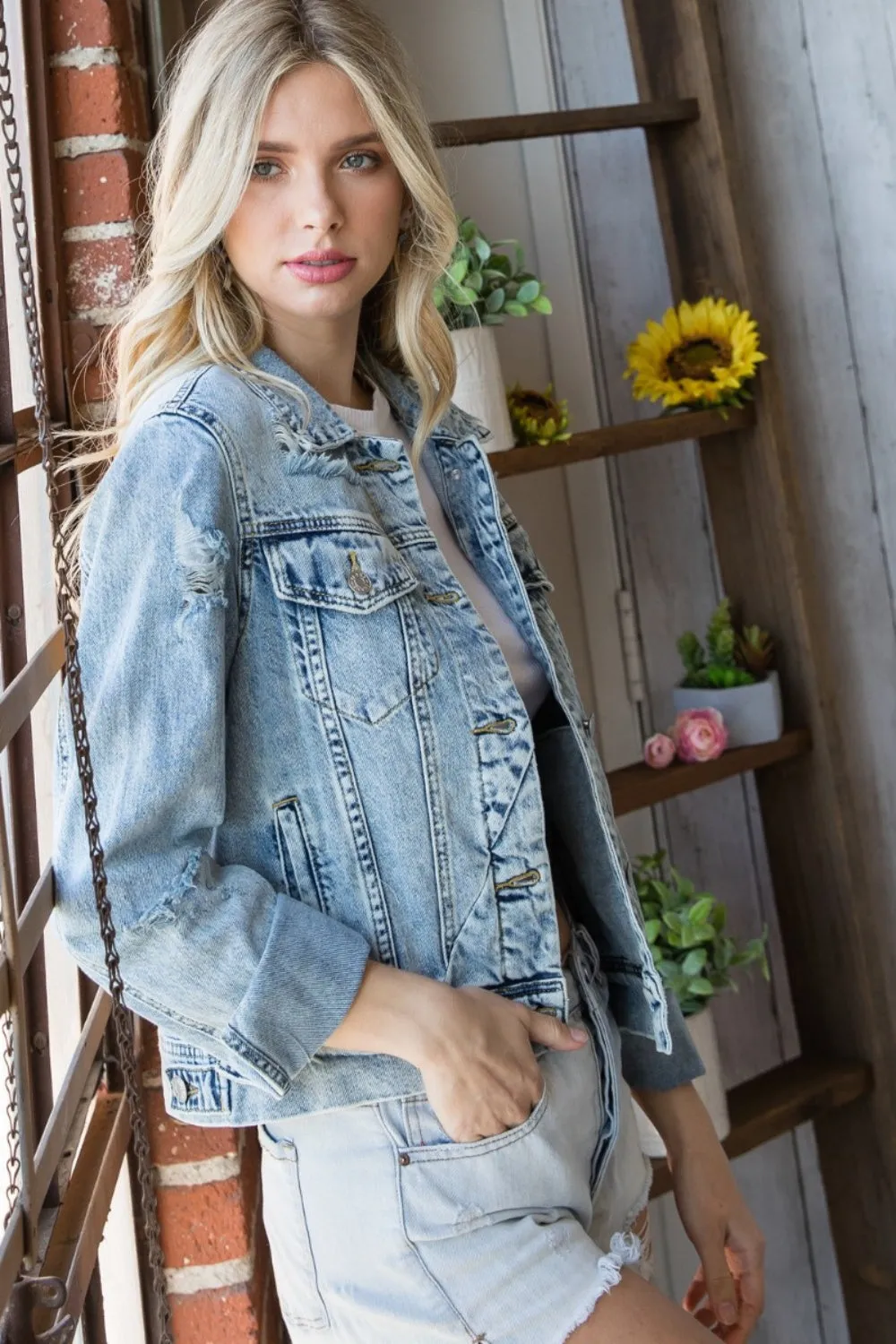 Veveret Distressed Button Up Denim Jacket sold by Back2Basics product image thumbnail 3