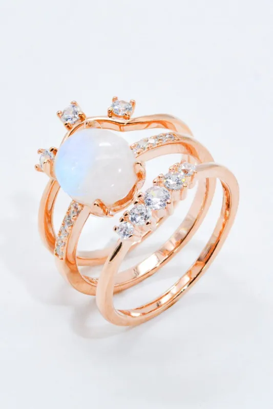 Natural Moonstone and Zircon Three-Piece Ring Set sold by Back2Basics