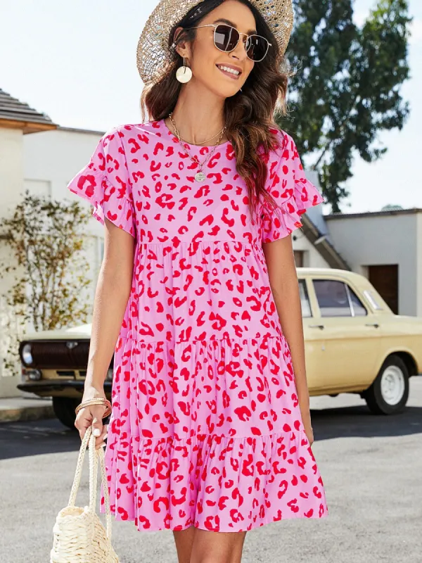 Leopard Short Flounce Sleeve Tiered Dress sold by Back2Basics
