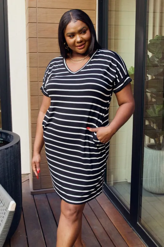 Zenana Full Size Striped V-Neck Pocket Dress in Black/Ivory sold by Back2Basics