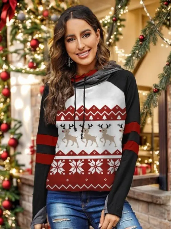 Double Take Full Size Christmas Drawstring Long Sleeve Hoodie sold by Back2Basics