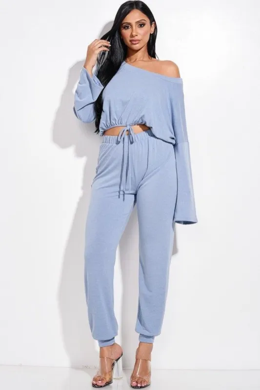 Solid French Terry Long Sleeve Tie Front Slouchy Top And Jogger Pants Two Piece Set sold by Back2Basics