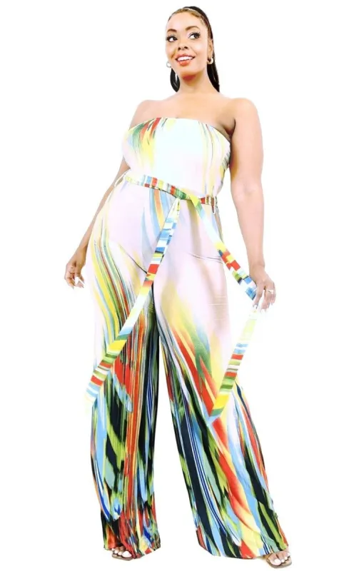 Plus Off Shoulder Color Brushed Tie Waist Jumpsuit sold by Back2Basics