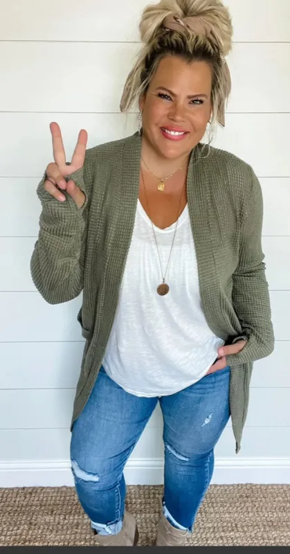 Olive Open Cardigan With Thumbholes And Pockets sold by Back2Basics