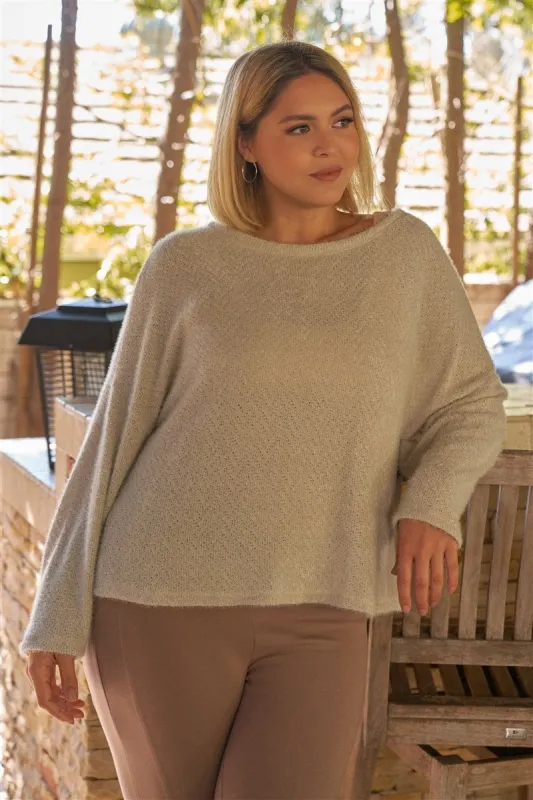 Plus Light-grey Fuzzy Round Neck Long Sleeve Relaxed Fit Cozy Sweatshirt sold by Back2Basics