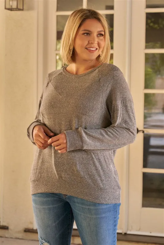 Plus Heather Grey Round Neck Long Sleeve Geometric Stitch Detail Relaxed Fit Sweatshirt sold by Back2Basics