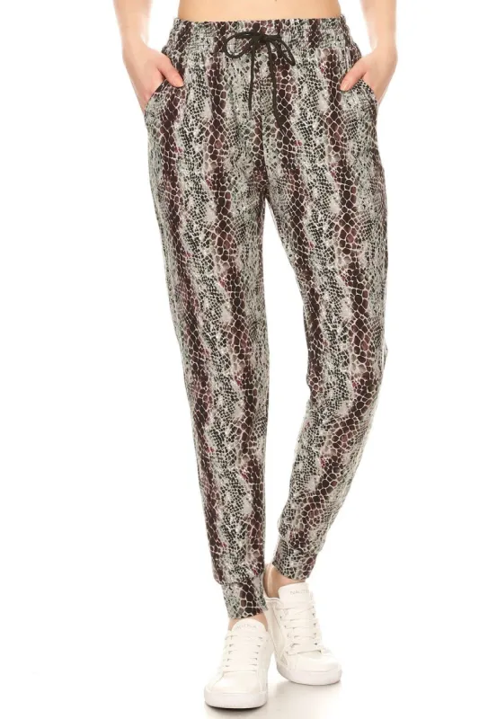 Snakeskin Printed Joggers With Solid Trim, Drawstring Waistband, Waist made by Back2Basics