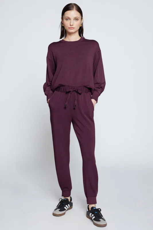 Stateside Softest Fleece Pleated Hem Jogger in Cherry Liquor sold by Bailey 44