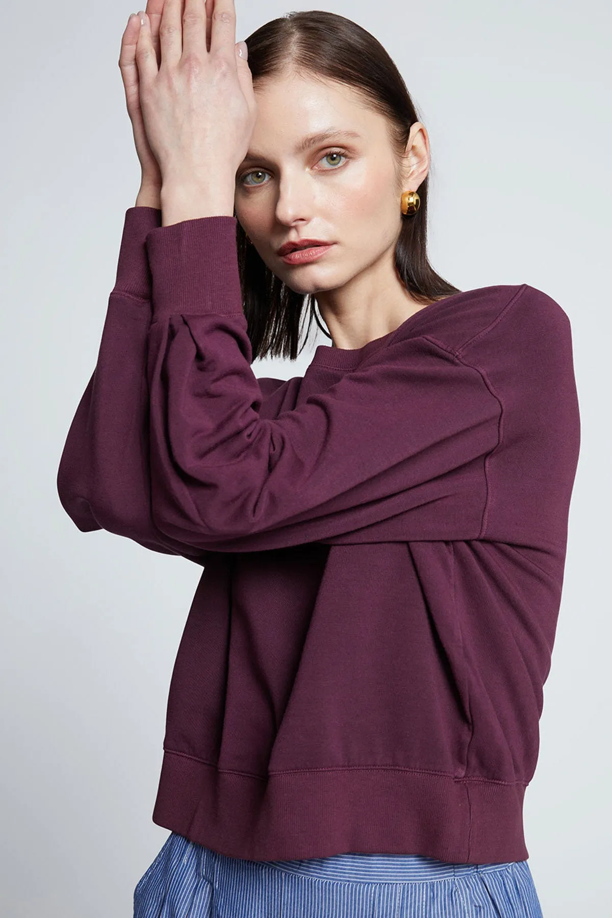 Stateside Softest Fleece Cropped Pleated Sleeve Pullover in Cherry Liquor sold by Bailey 44 product image thumbnail 2