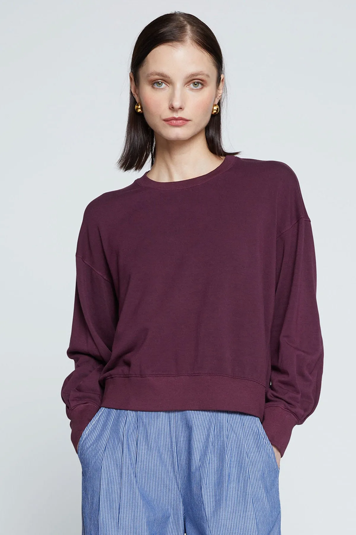Stateside Softest Fleece Cropped Pleated Sleeve Pullover in Cherry Liquor sold by Bailey 44