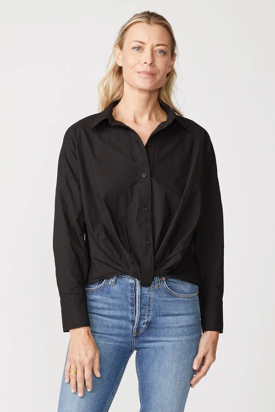 Stateside Poplin Long Sleeve Front Twist Button Up Shirt in Black sold by Bailey 44