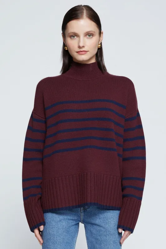 Stateside Striped Mock Neck Sweater in Cherry Liquor sold by Bailey 44