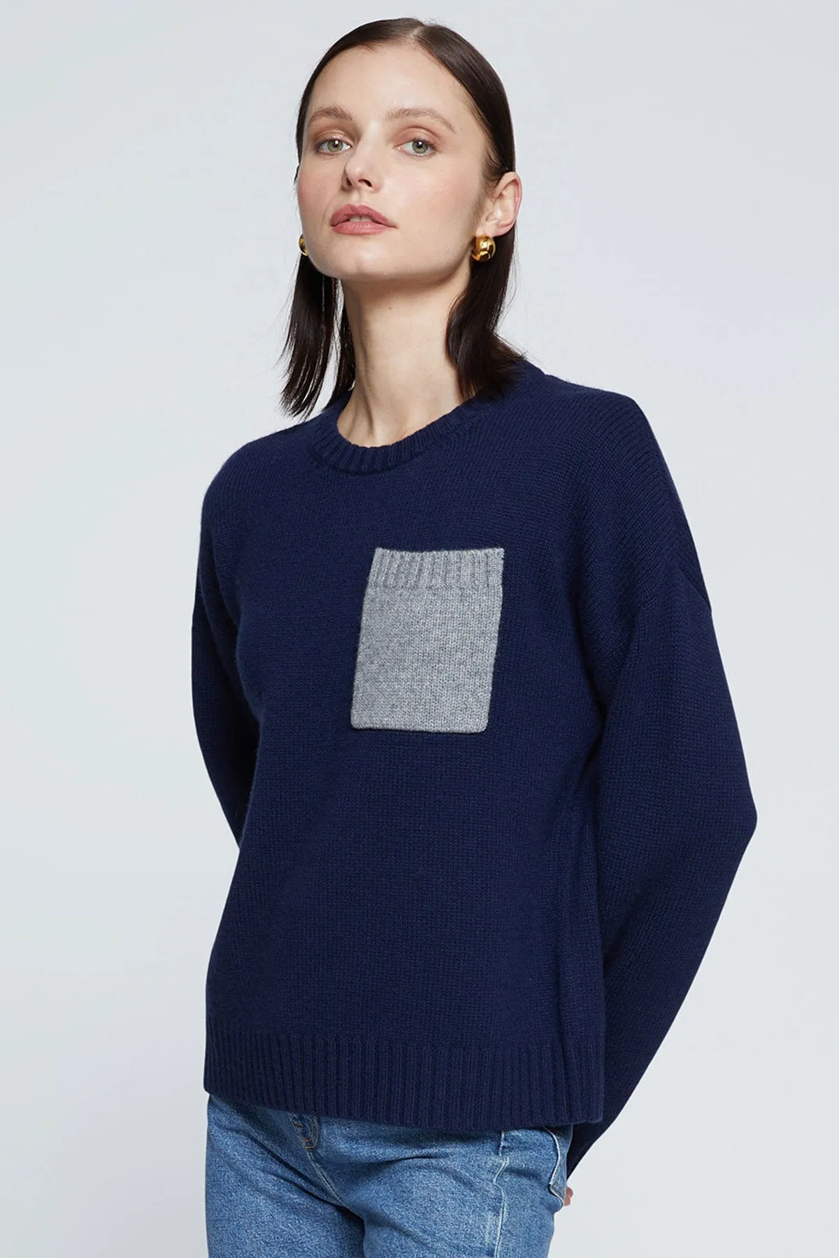Stateside Colorblock Pocket Crew Sweater in New Navy sold by Bailey 44