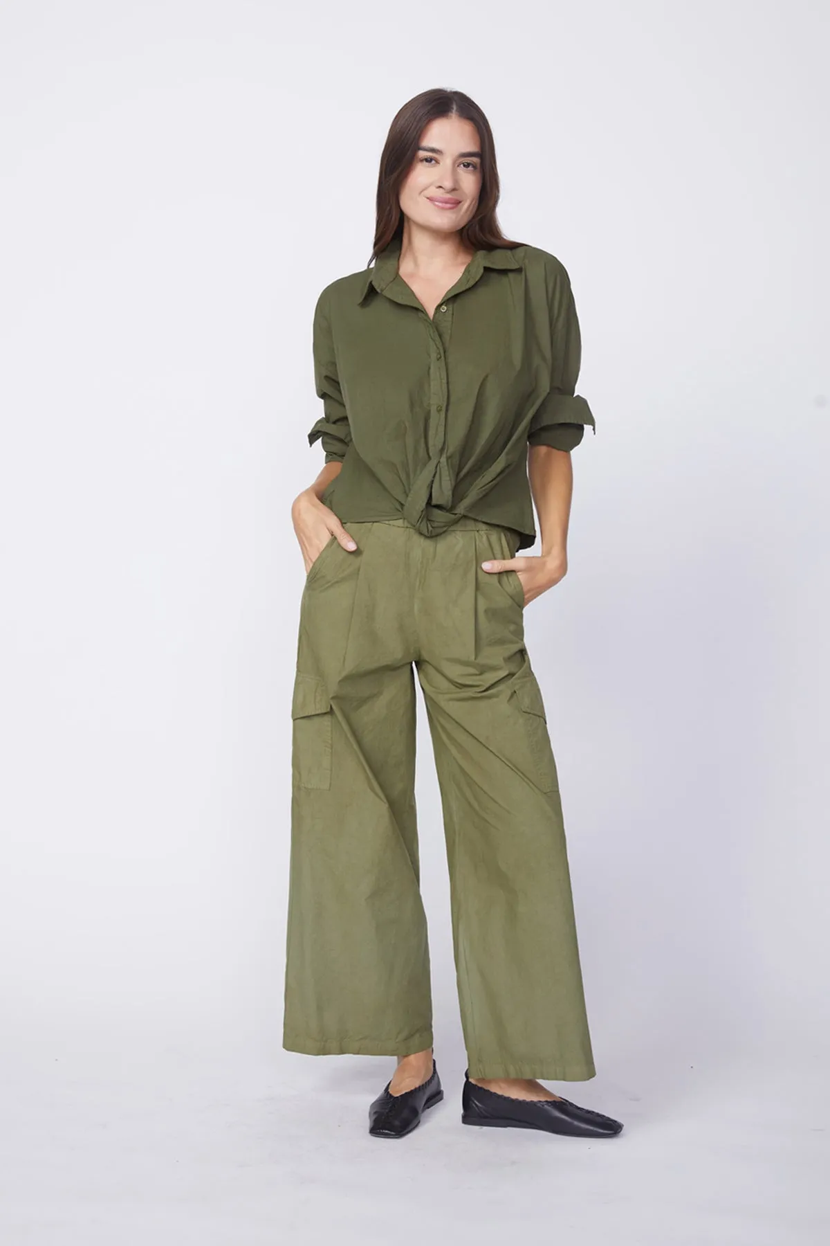 Stateside Voile Long Sleeve Front Twist Shirt in Seaweed sold by Bailey 44