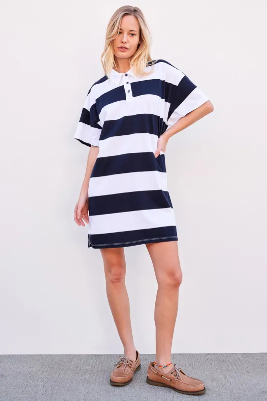 Sundry Rugby Stripe Polo Shirt Dress in Optic White sold by Bailey 44