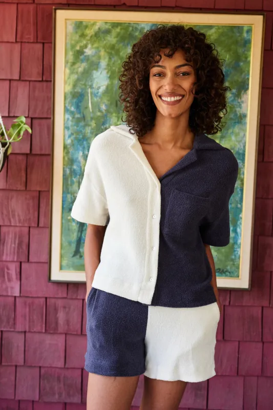 Sundry Sherpa Short Sleeve Button Down in Cream/Navy sold by Bailey 44