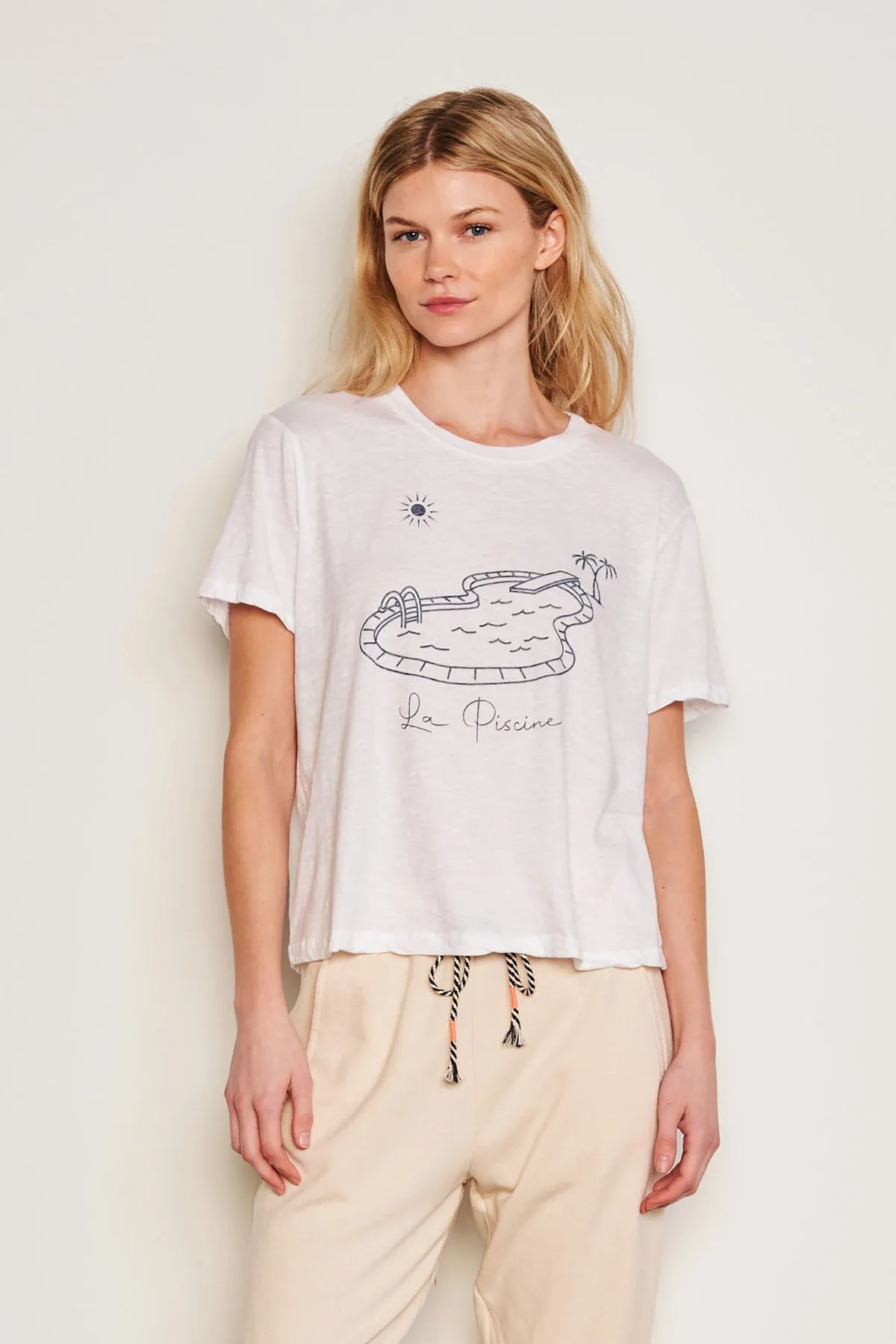 Sundry La Piscine Crew Neck Tee in Optic White sold by Bailey 44