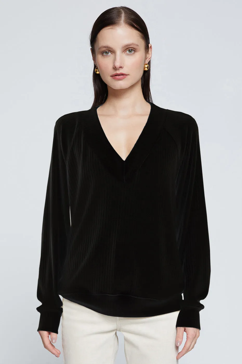 Stateside Rachel Chunky Rib V-Neck Raglan in Black sold by Bailey 44