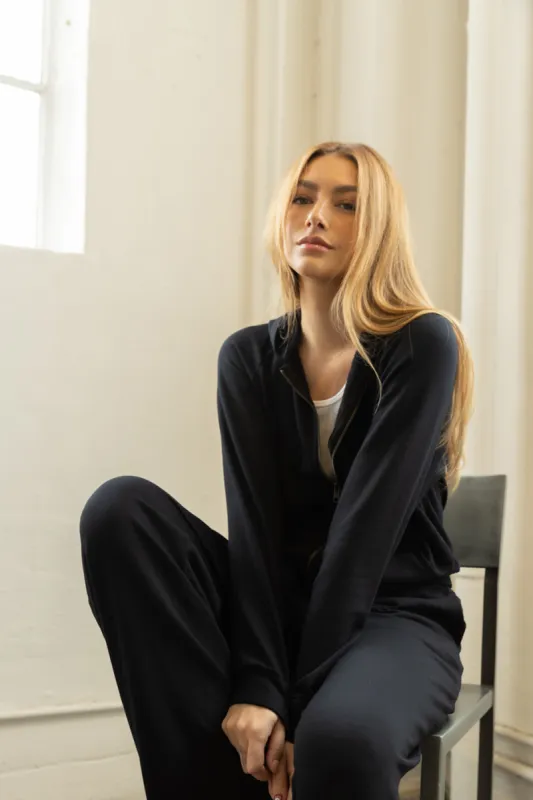 Stateside Softest Fleece Cropped Zip-Up Hoodie in Black sold by Bailey 44