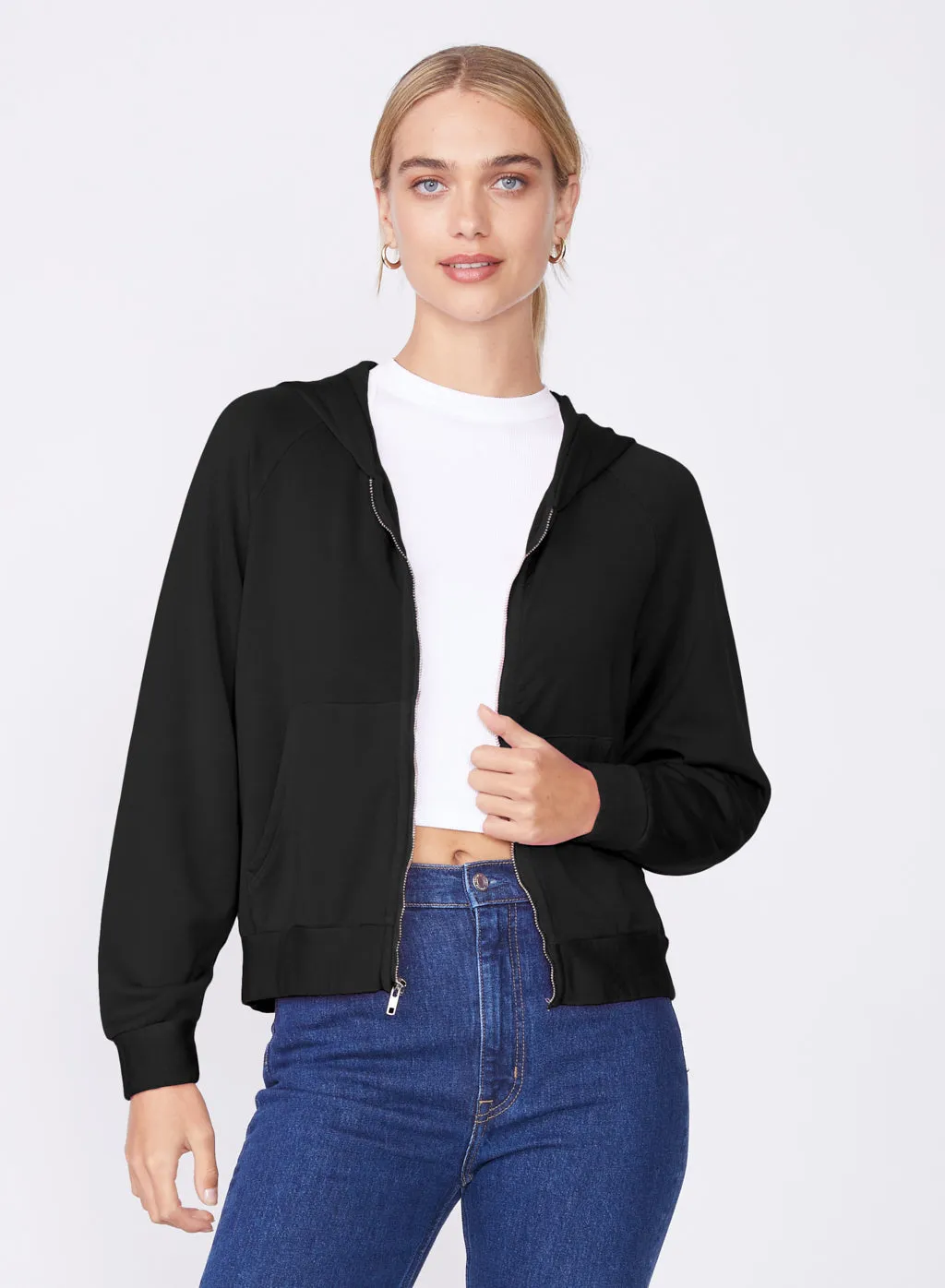 Stateside Softest Fleece Cropped Zip-Up Hoodie in Black sold by Bailey 44 product image thumbnail 3