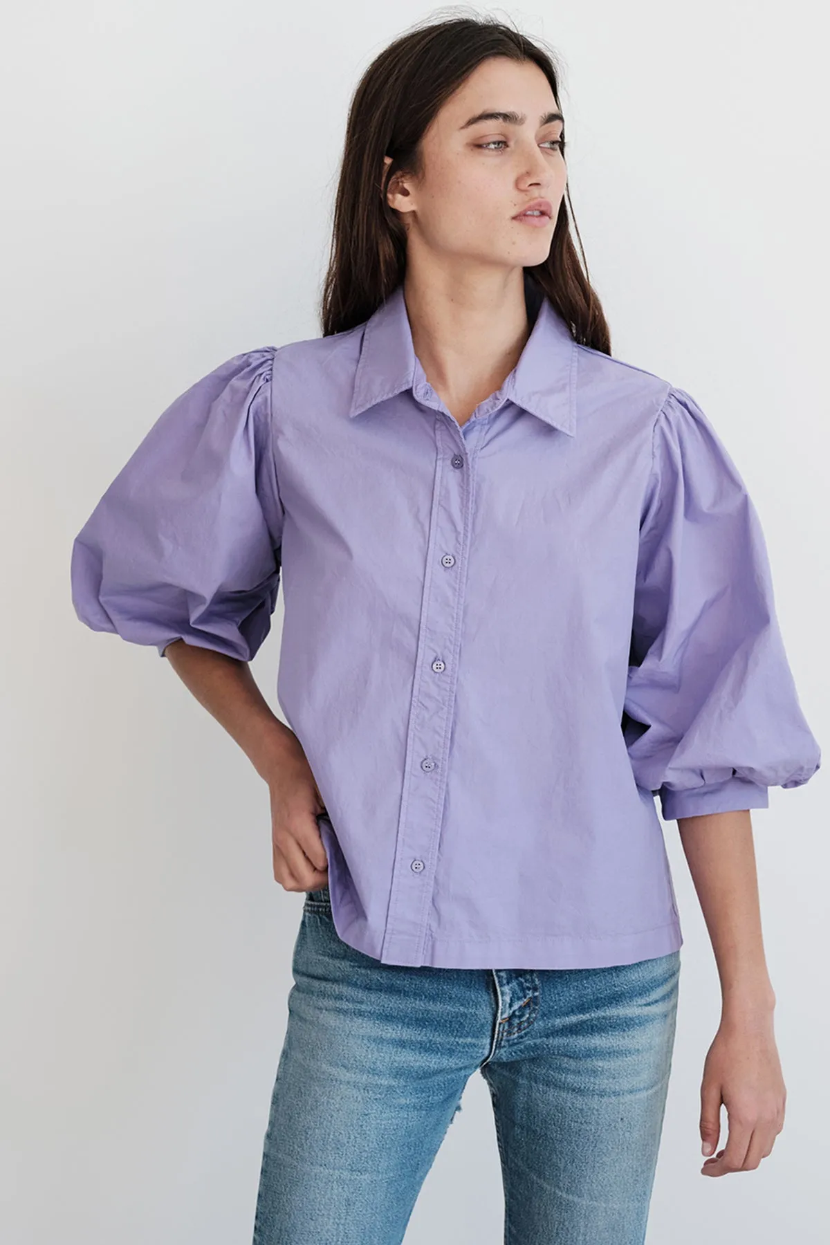 Stateside Structured Poplin Puff Sleeve Shirt in Iris sold by Bailey 44 product image thumbnail 4