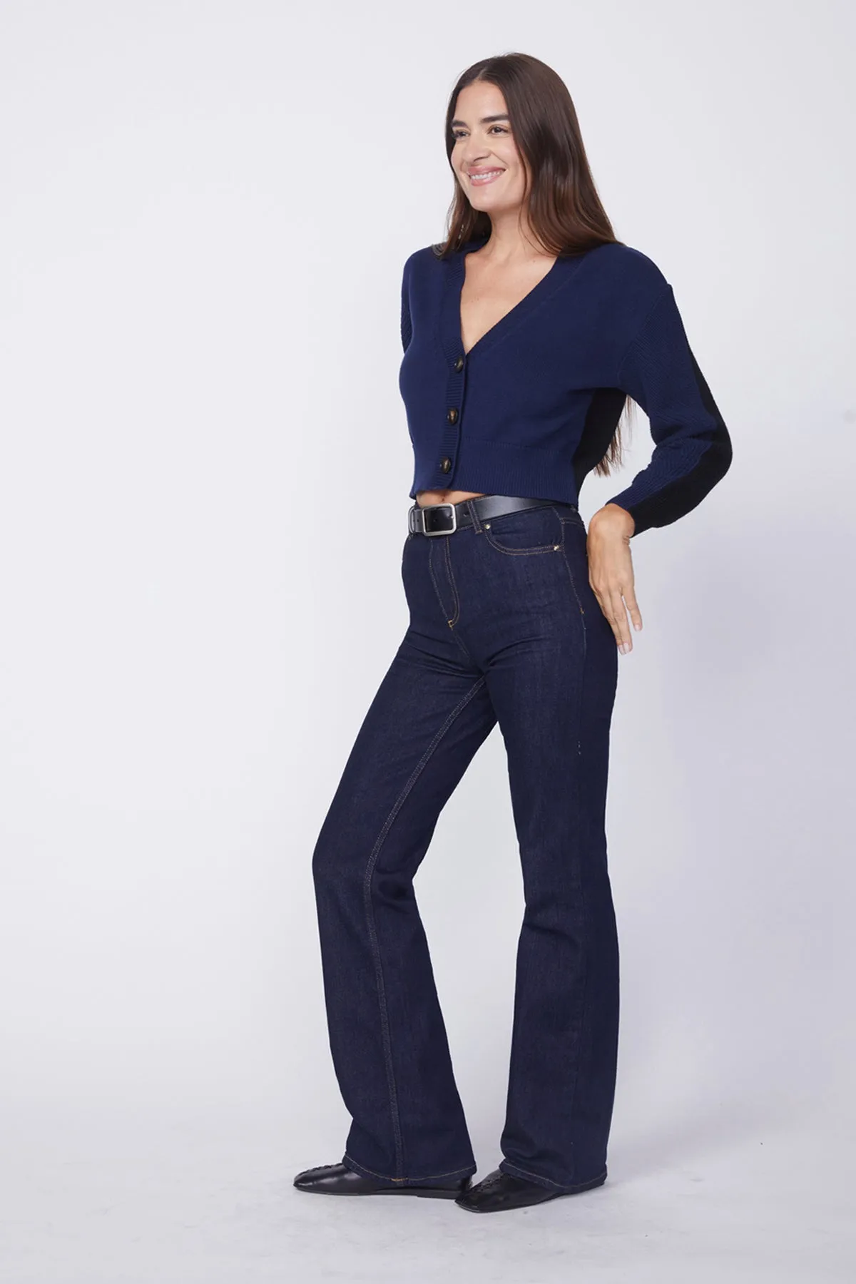 Stateside Colorblock Cropped Cardigan Sweater in Navy/Black sold by Bailey 44 product image thumbnail 2