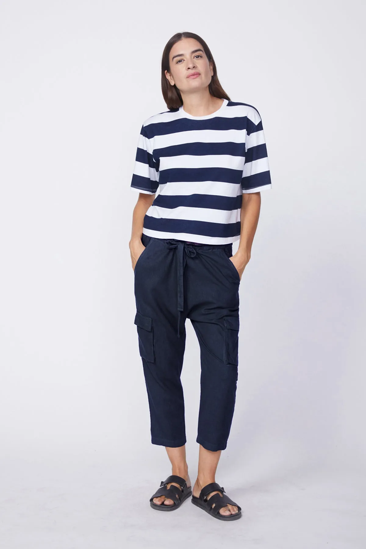 Stateside Linen Paperbag Cargo Pant in New Navy sold by Bailey 44