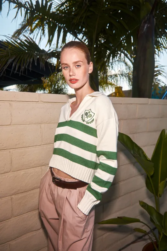 Stateside Cotton Cashmere Embroidered Johnny Collar Sweater in Pine sold by Bailey 44