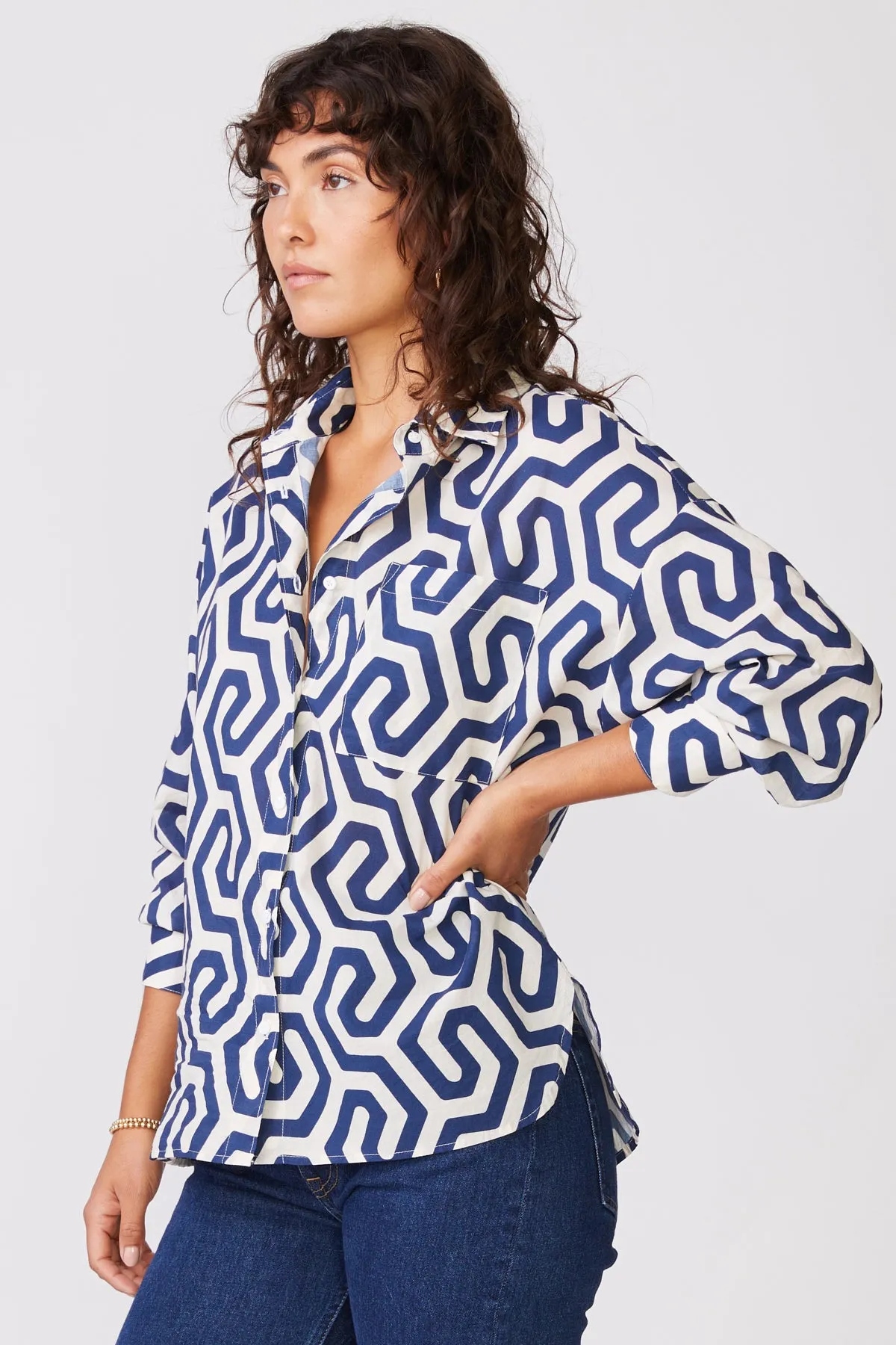 Stateside Geo Print Voile Oversized Shirt in New Navy sold by Bailey 44 product image thumbnail 3