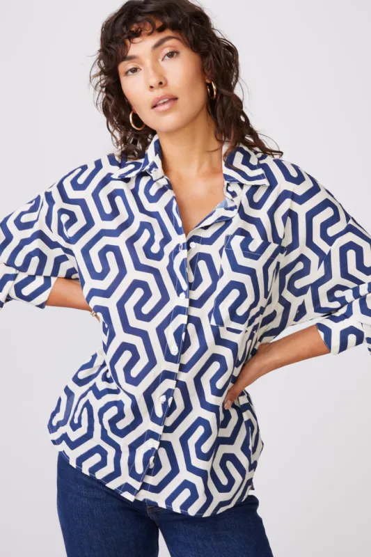 Stateside Geo Print Voile Oversized Shirt in New Navy sold by Bailey 44