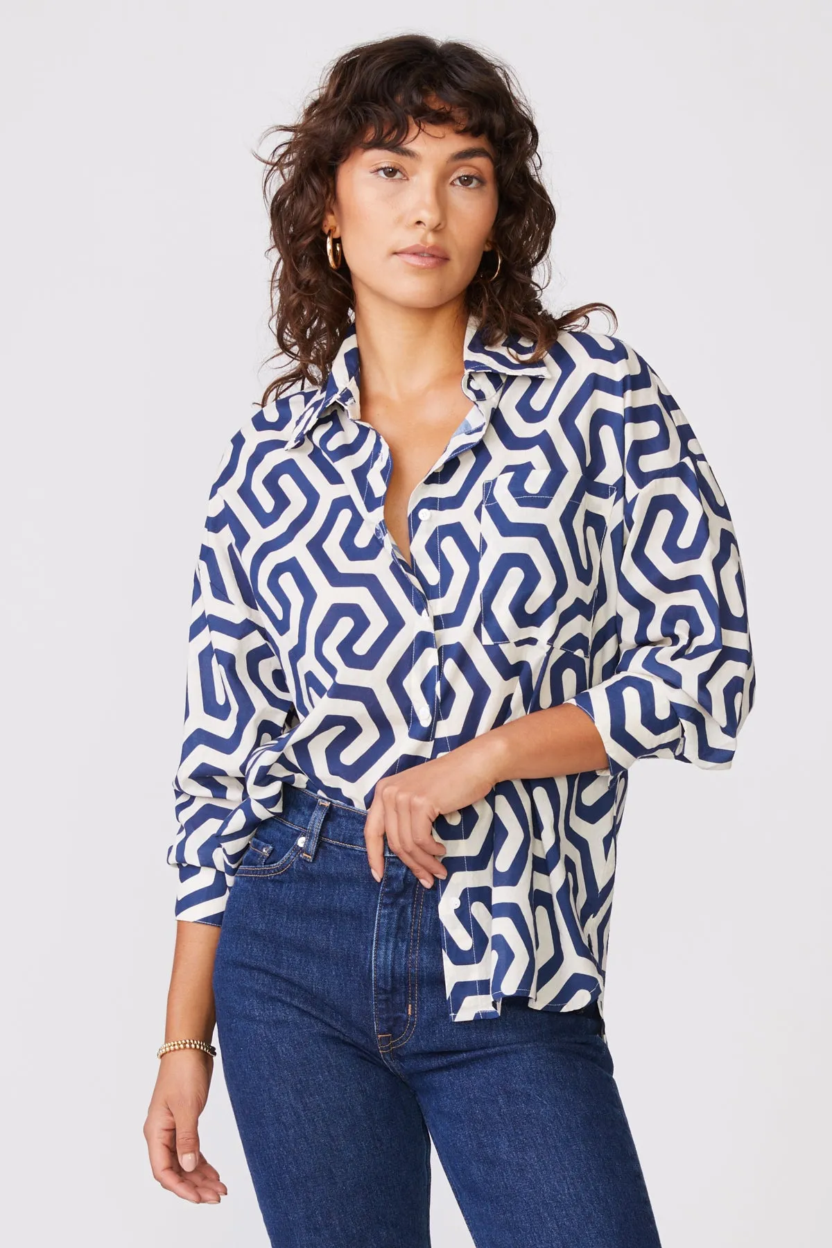 Stateside Geo Print Voile Oversized Shirt in New Navy sold by Bailey 44 product image thumbnail 2
