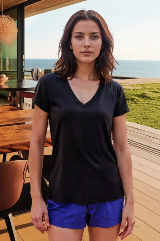 Stateside Supima Slub Short Sleeve V-Neck T-Shirt in Black sold by Bailey 44