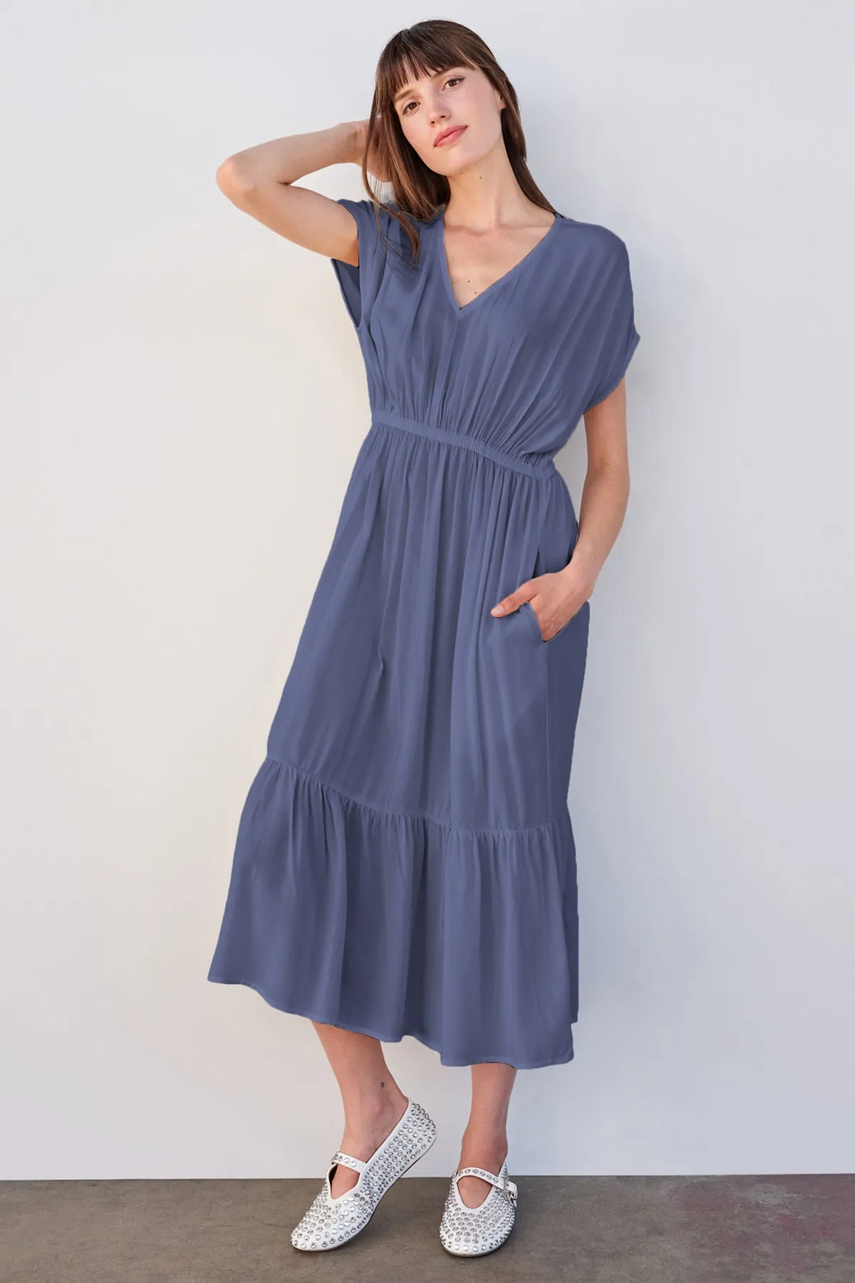 Sundry Midi Dress with Ruffle in Navy sold by Bailey 44