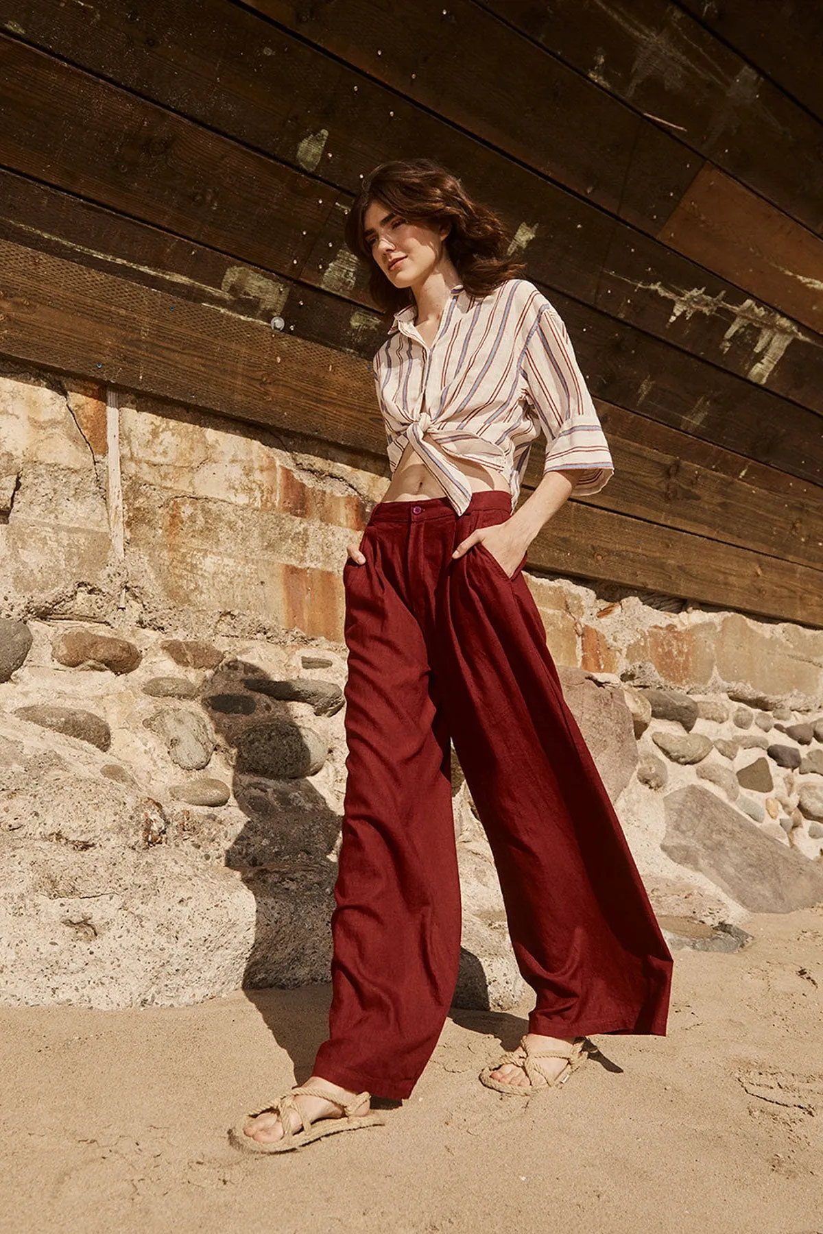 Stateside Linen Wide Leg Trouser in Bordeaux sold by Bailey 44