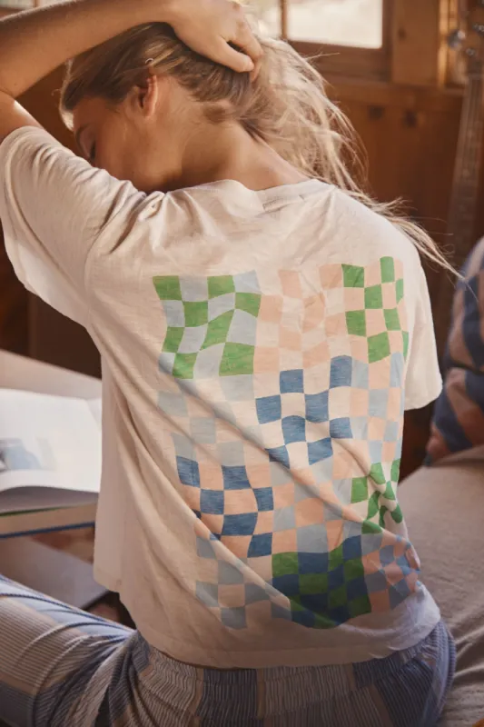 Sundry Checkers Crew Neck Tee in Cream made by Sundry